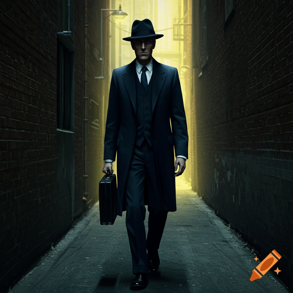 A man in a suit and fedora walks down a dark alley, holding a briefcase.