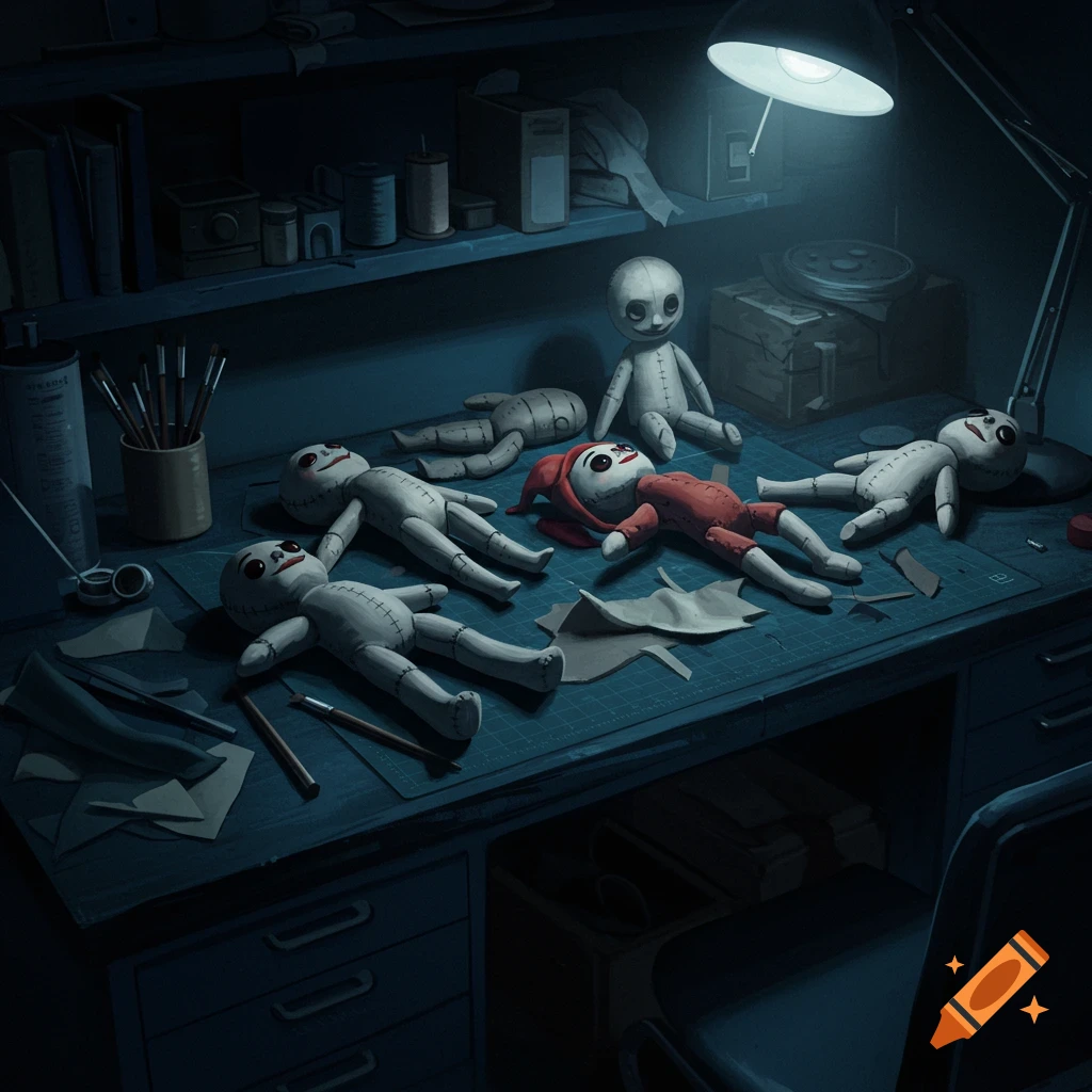 A dark workbench with several creepy dolls and crafting supplies illuminated by a desk lamp.