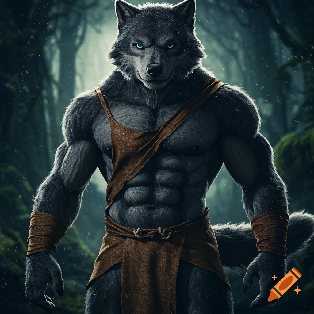 Powerful muscular anthro wolf with blue eyes and loincloth stands in a dark fantasy forest.