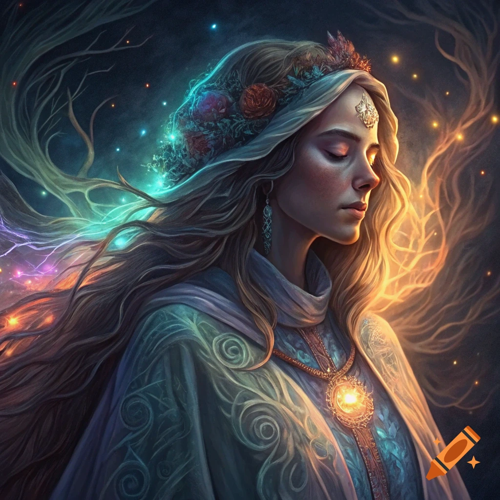 Fantasy portrait of a woman with closed eyes, long flowing hair, and glowing magical energy around her.