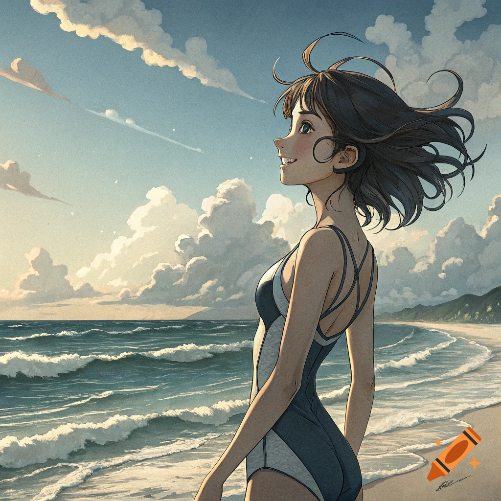 Anime girl in a swimsuit looking up at the sky on a sunny beach with clouds.