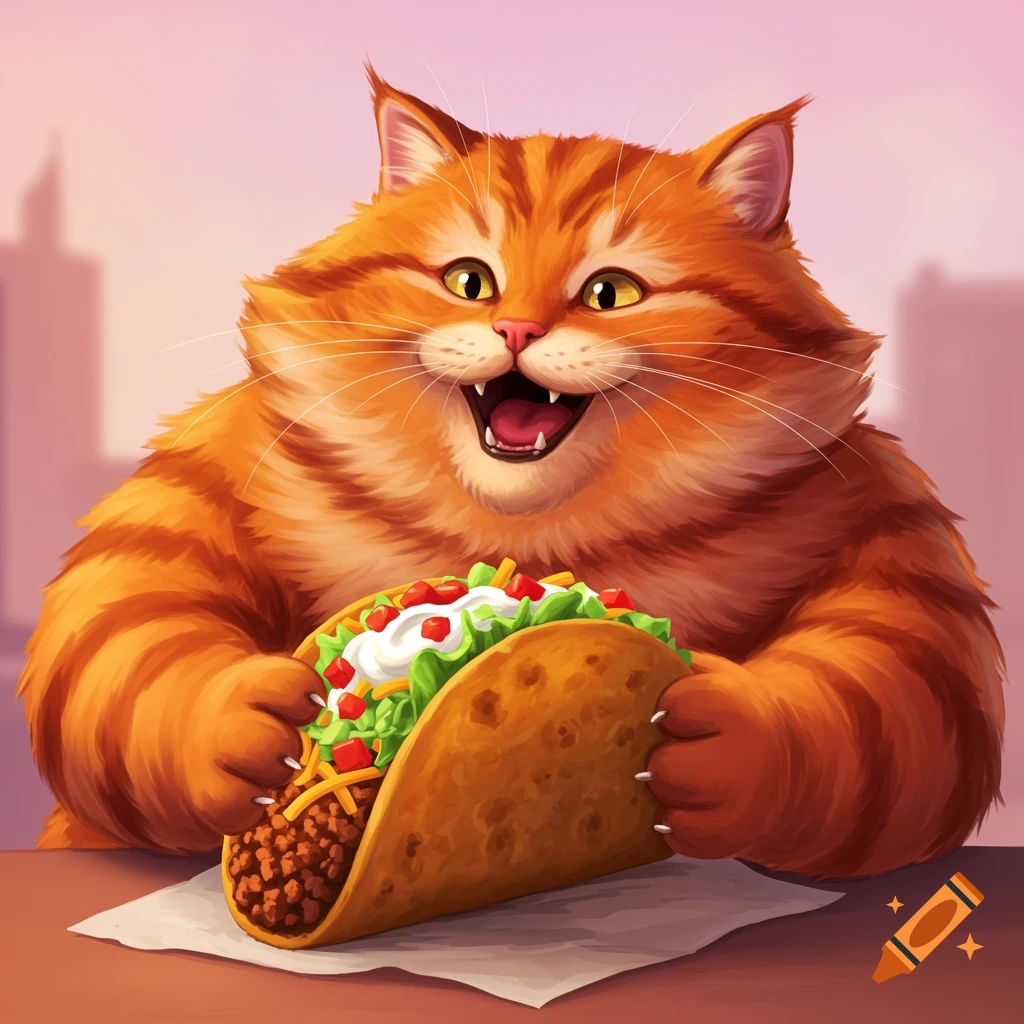 Cartoon orange cat happily eating a taco
