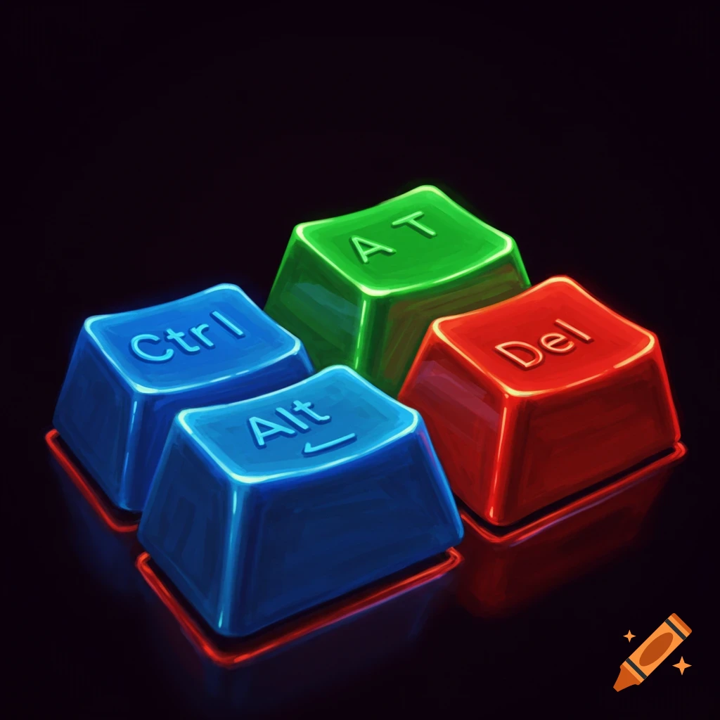 four colorful keyboard keys (Ctrl, Alt, Del, AT) on a dark background.