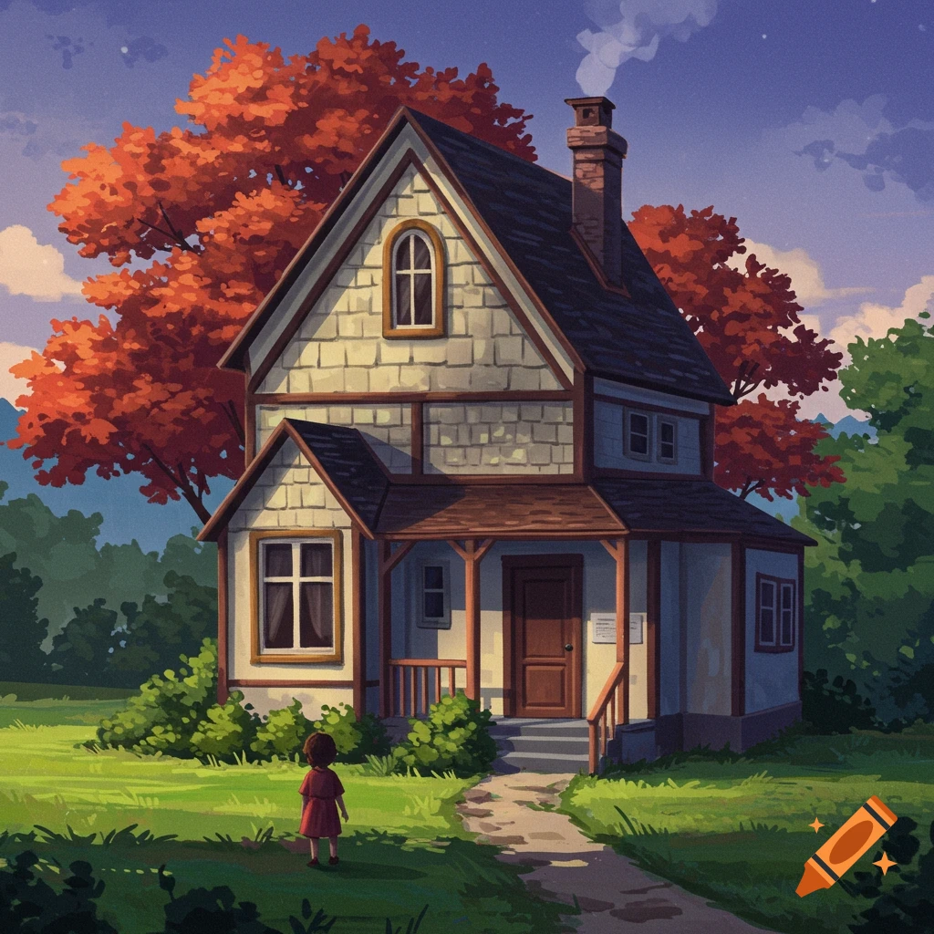 A house with an autumn tree and a child walking up a path.