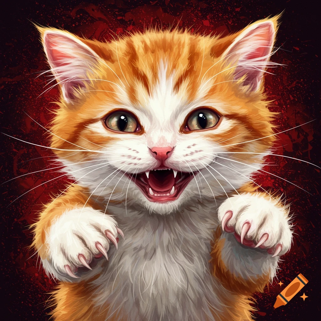 Digital art illustration of an angry orange and white kitten with mouth open and claws extended.