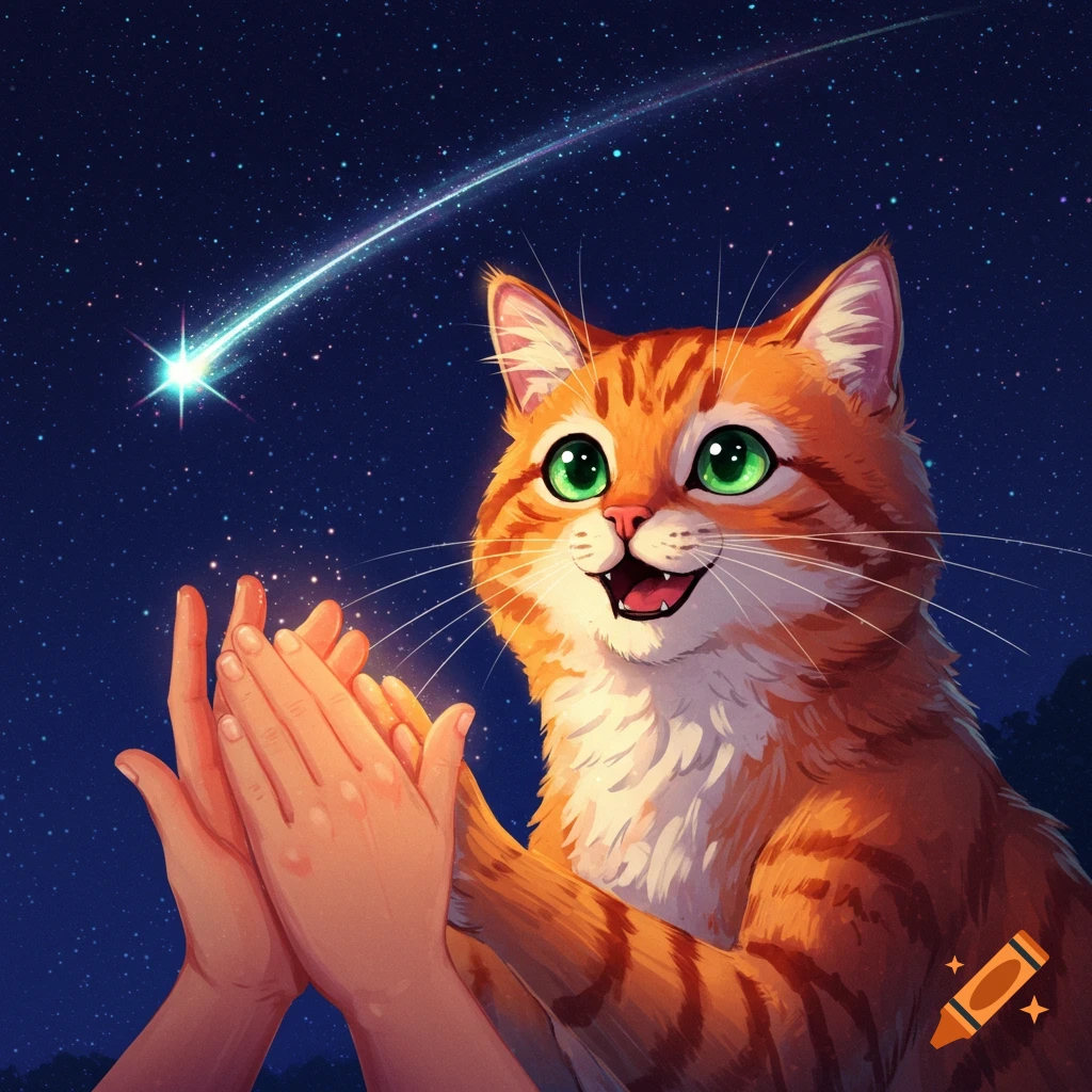 An orange cat high-fiving a person under a starry sky with a shooting star.