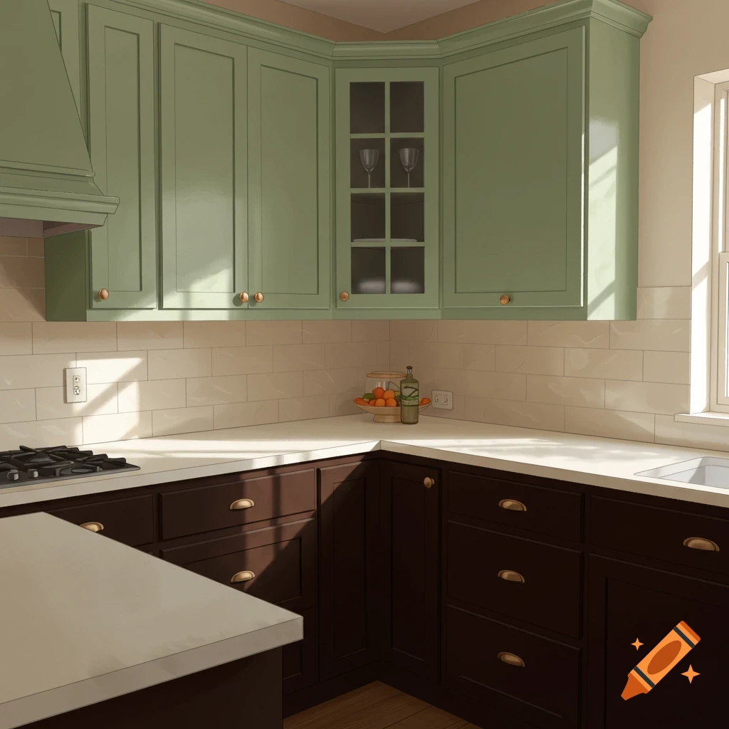 Two-toned kitchen with sage upper and espresso base cabinets, beige backsplash, and white counter.