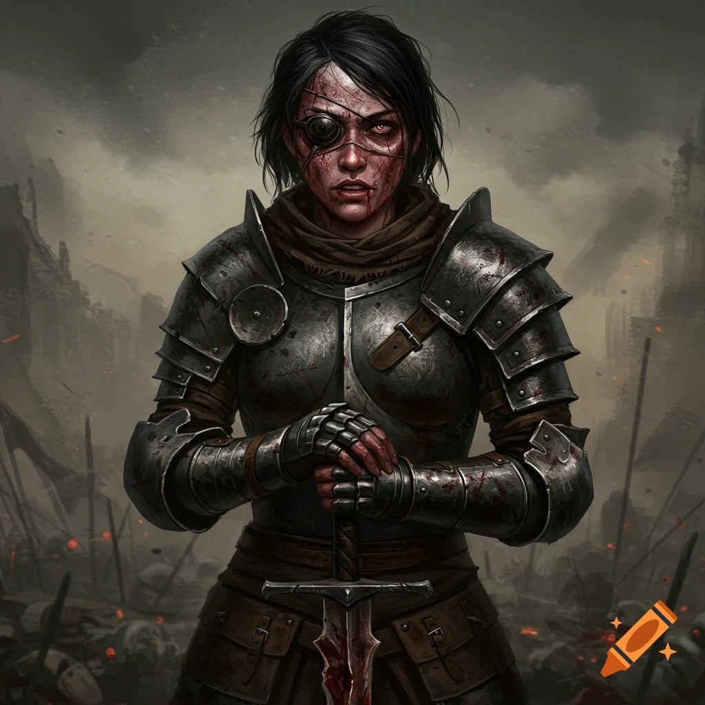 A scarred female warrior with an eye patch holds a bloody sword on a battlefield.