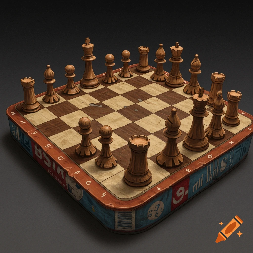 A rustic wooden chess set sits on a tin can board.