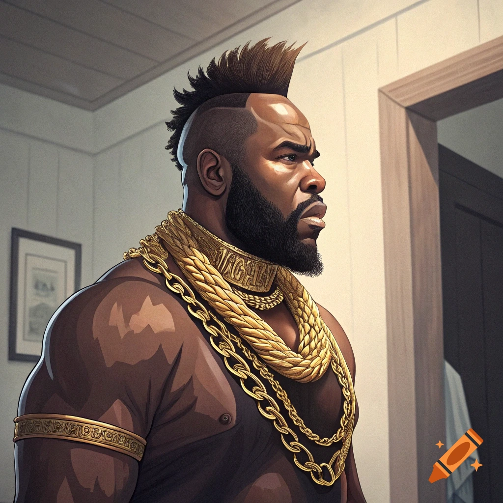 Portrait of Mr. T indoors wearing multiple large gold chains and arm cuff, with a mohawk and beard.