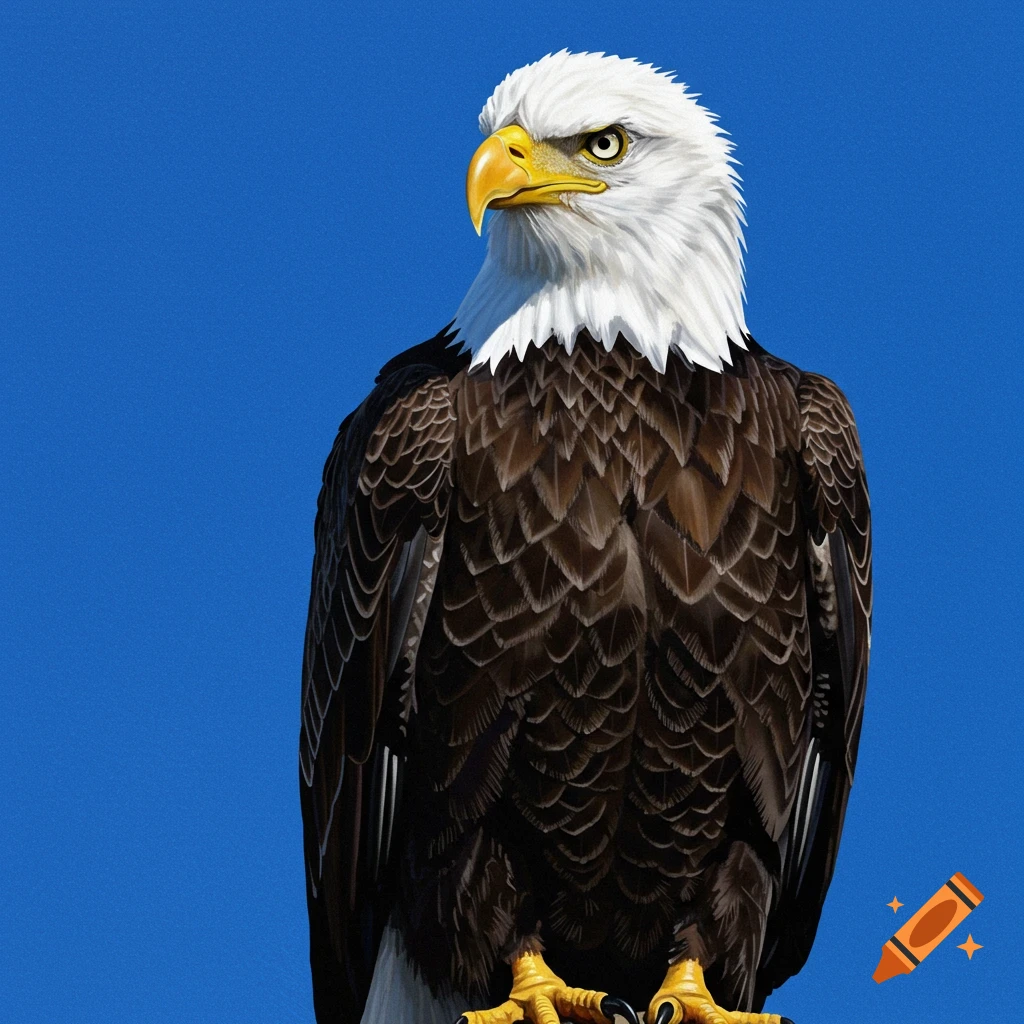 A bald eagle against a blue background.