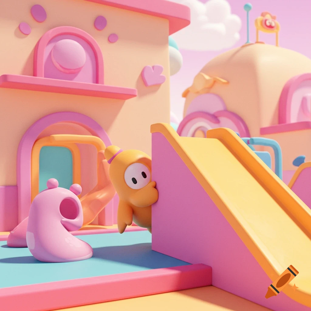 A yellow Fall Guys character peeks from behind a pink slide in a pastel-colored playground.