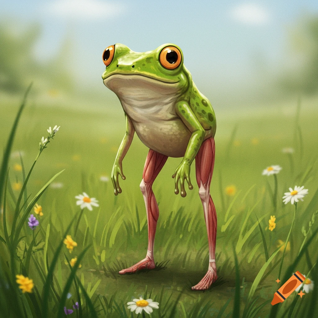 A frog with long muscular human legs is standing in a sunny grassy field.