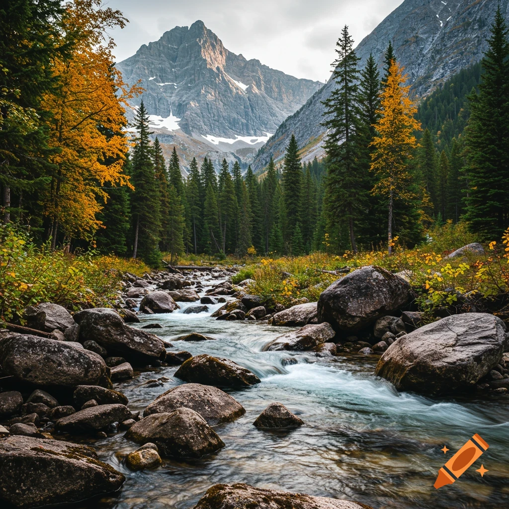 Rocky stream flows through an autumn forest with evergreens and yellow trees towards a large mountain peak.