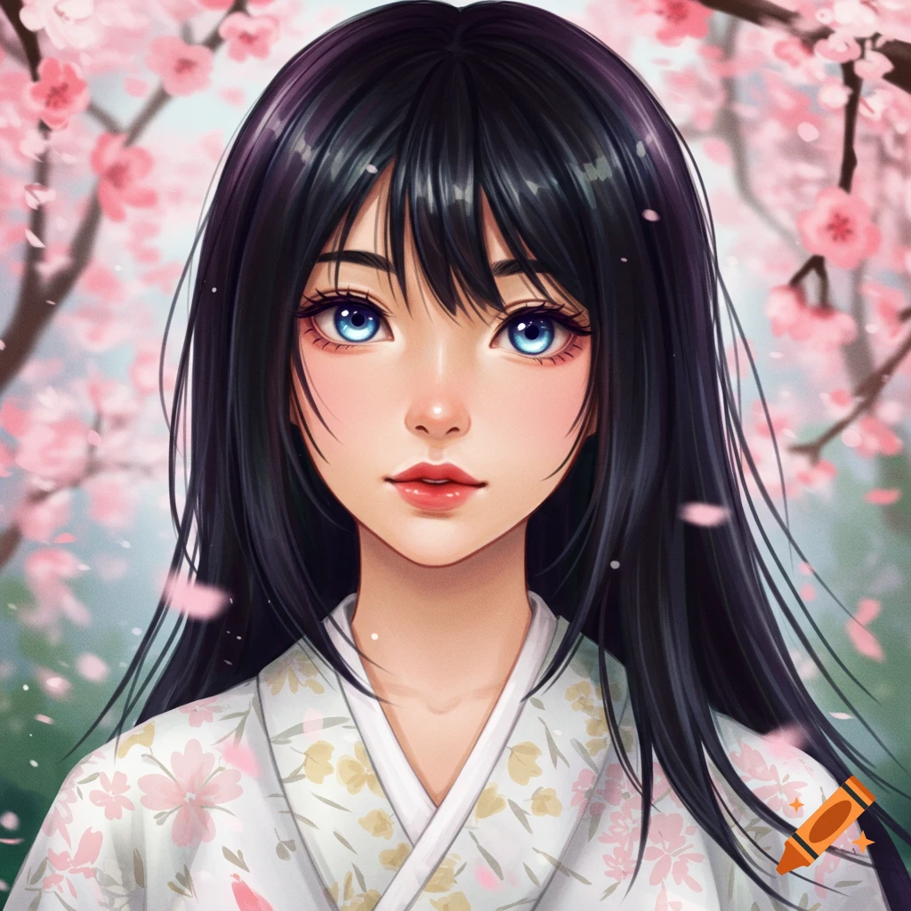 Anime portrait of a woman with black hair and blue eyes in a kimono among cherry blossoms