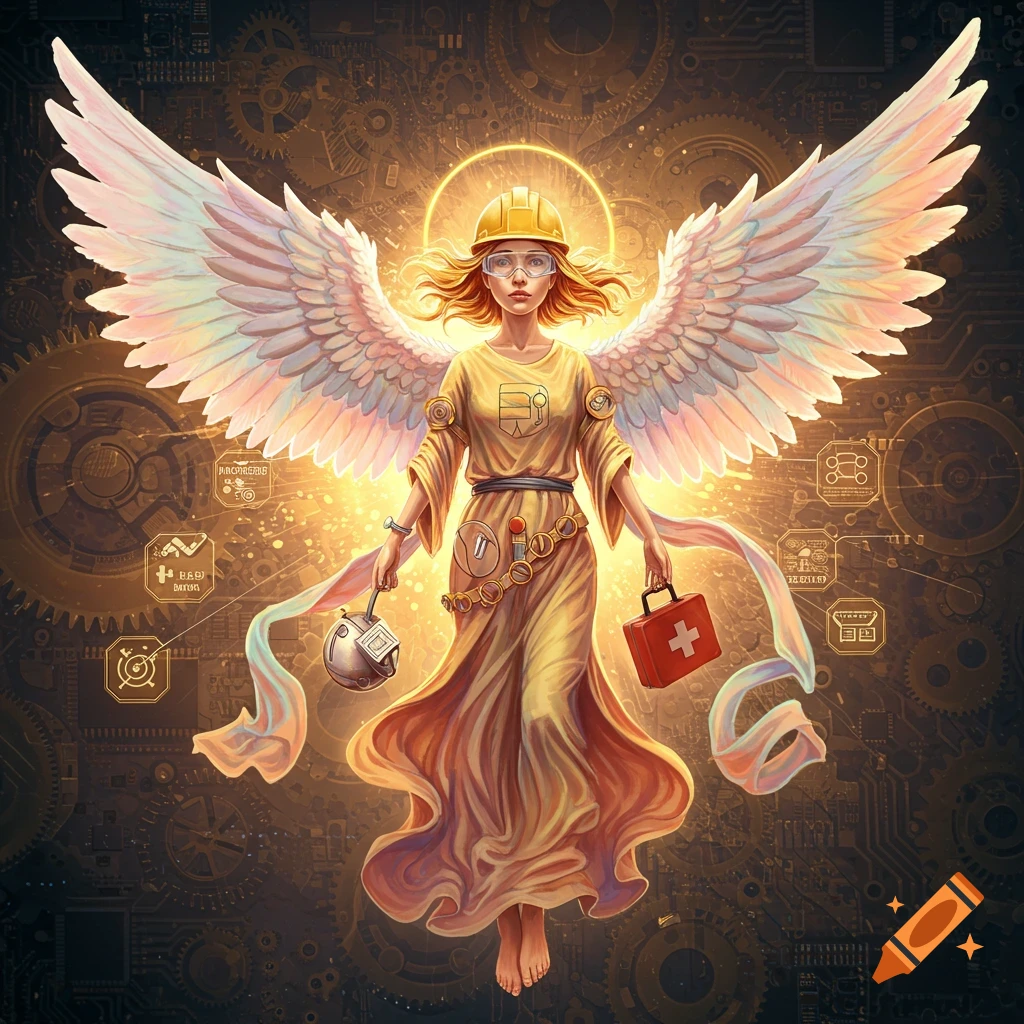A winged figure in a hard hat and goggles, wearing a golden robe and tool belt, carrying a first aid kit and wrench. Gears and circuitry glow in the background.