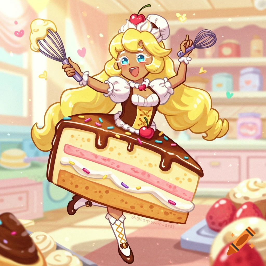 Anime-style character in a cake slice dress holding whisks in a kitchen.