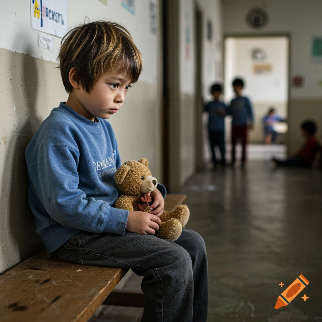 A sad boy sits on a wooden bench clutching a teddy bear in a hallway.