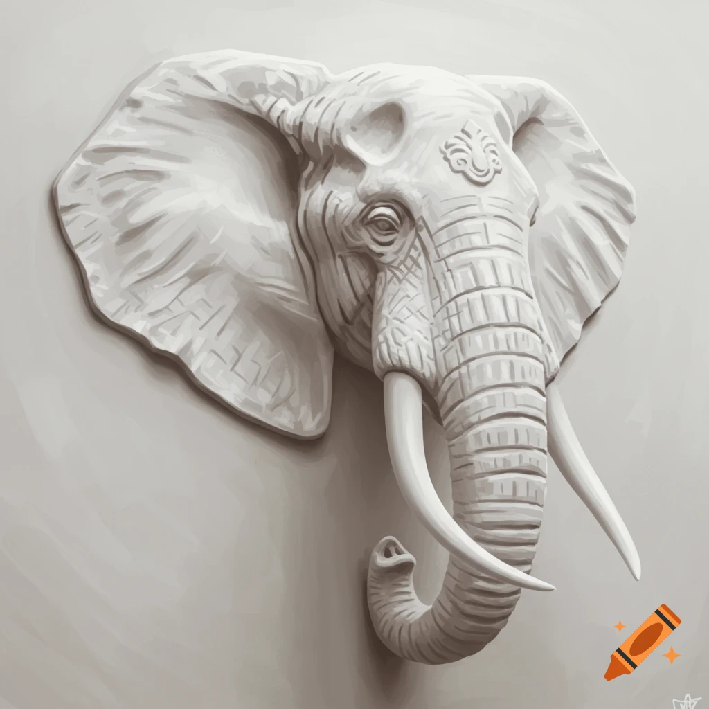 A white bas relief sculpture of an elephant head.
