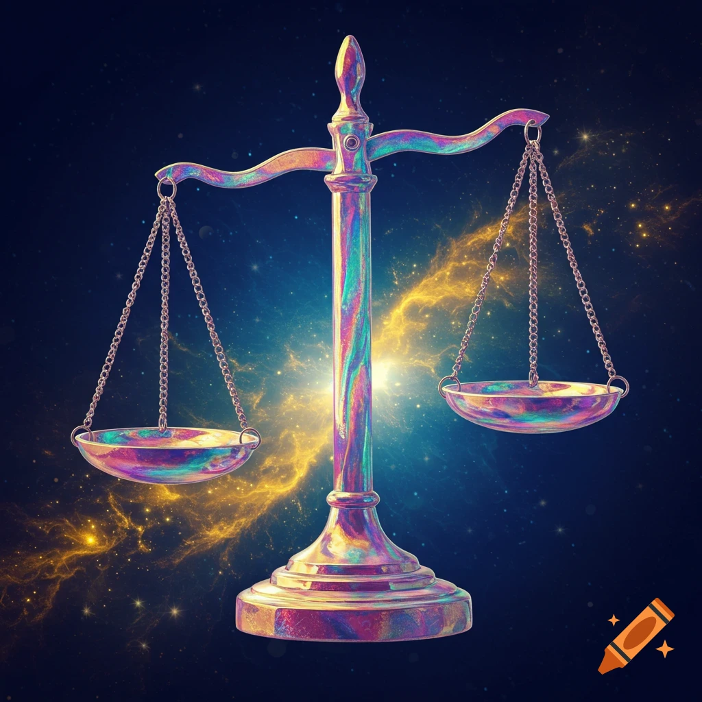 Iridescent scales of justice against a dark space background with a nebula
