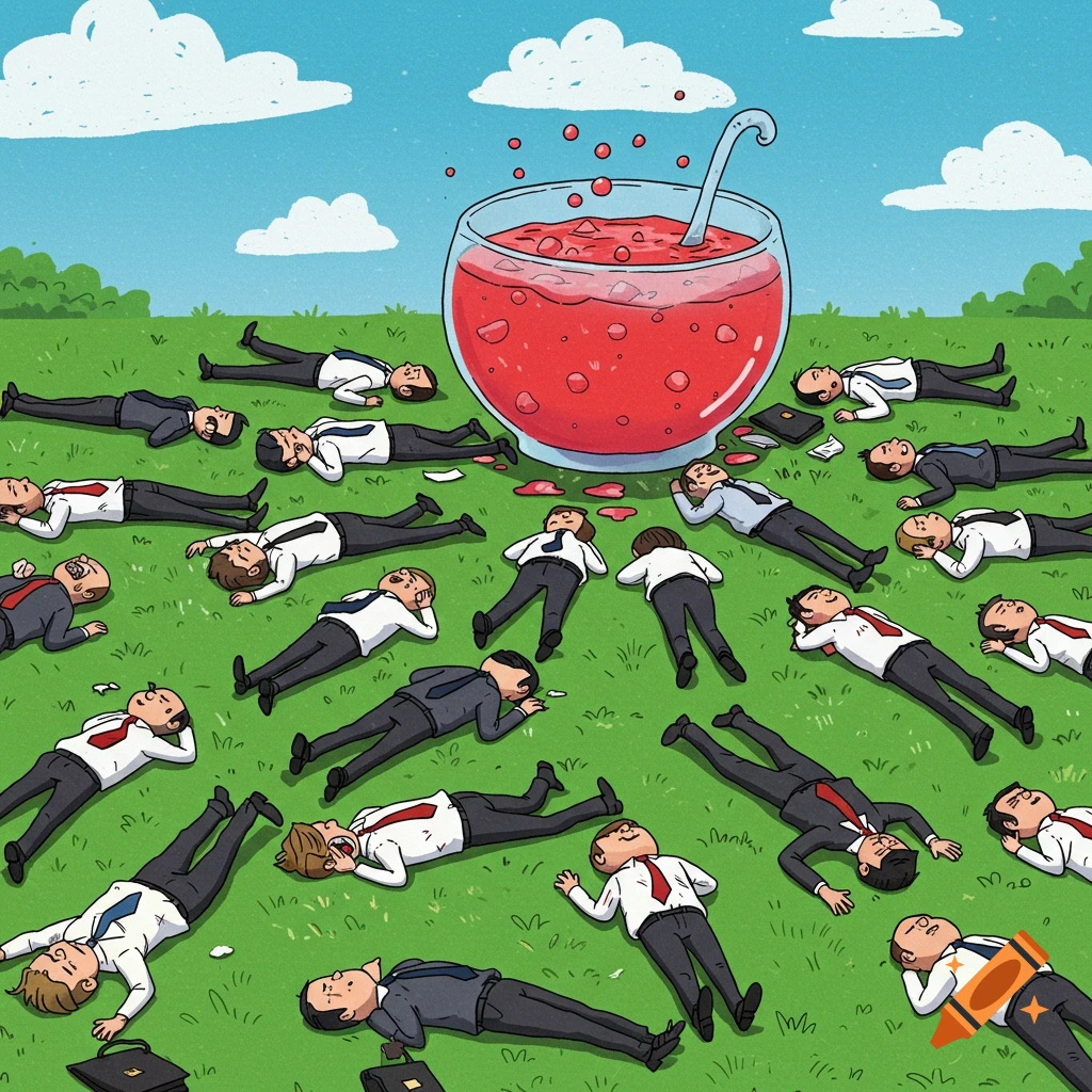 Cartoon illustration of many office workers lying on the grass around a large punch bowl.