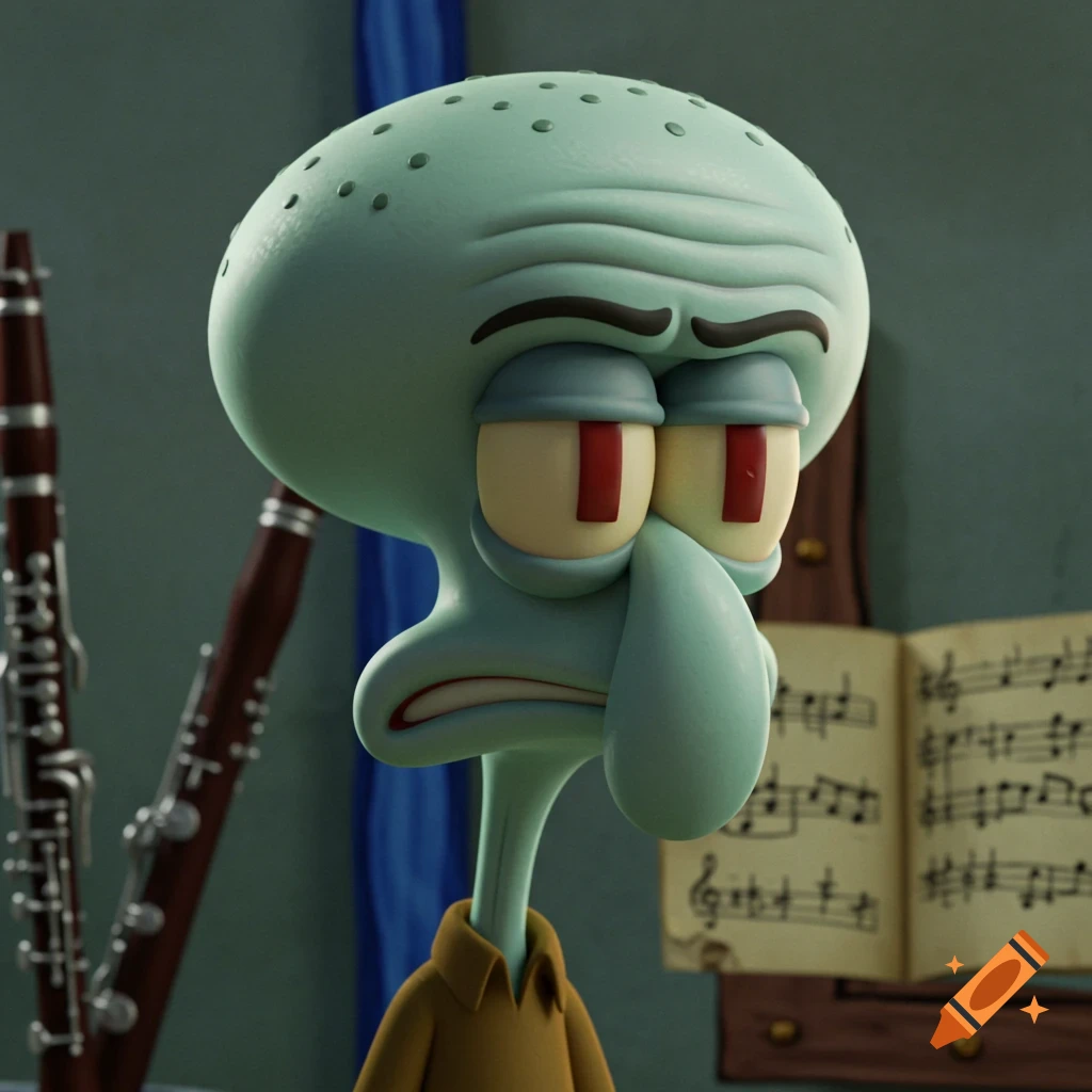3D render of Squidward Tentacles standing next to a clarinet and sheet  music. on Craiyon