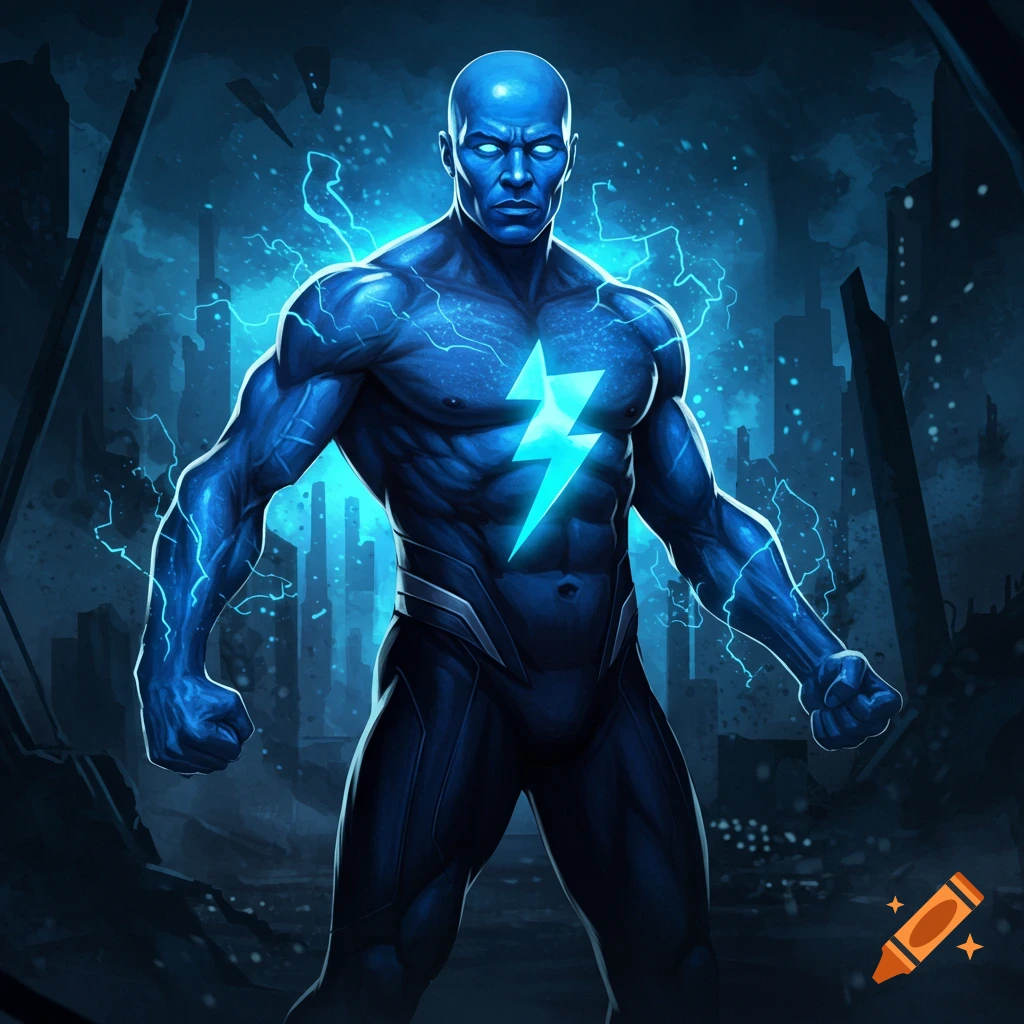 A blue superhero with a lightning bolt on his chest stands in a dark, ruined city.