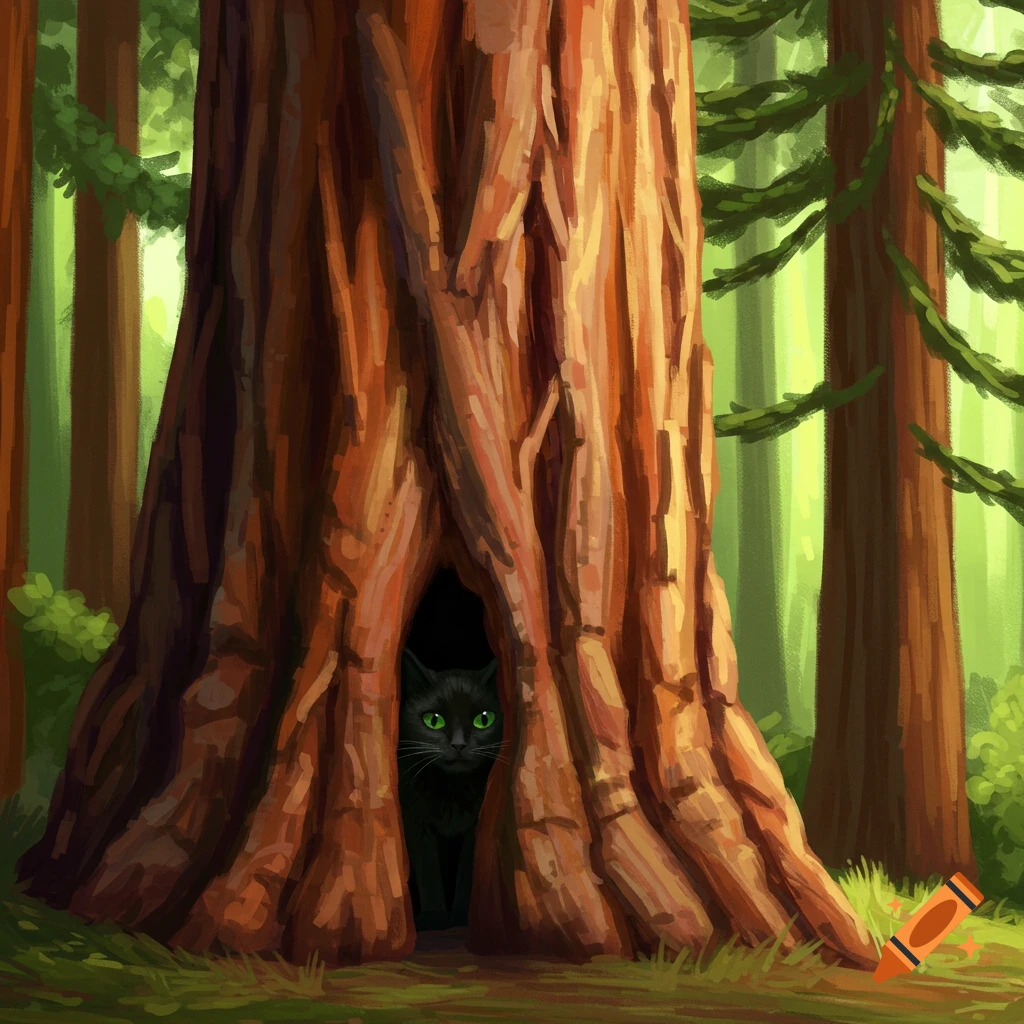 A black cat with green eyes peeks from a hole in the base of a large redwood tree.