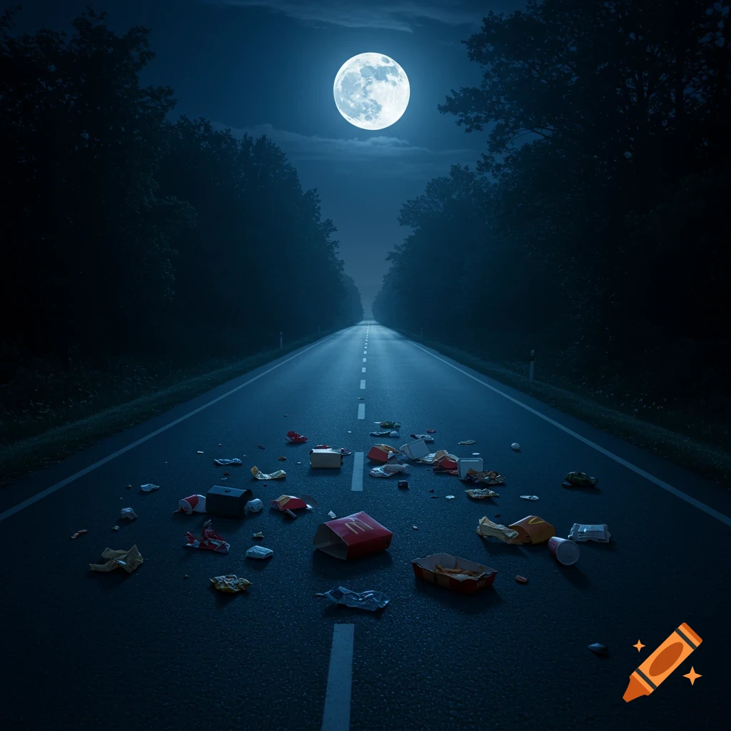 A full moon illuminates a dark, rural road littered with fast food trash.