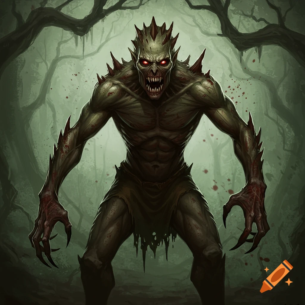 A scary monster with sharp claws and teeth in a dark forest.