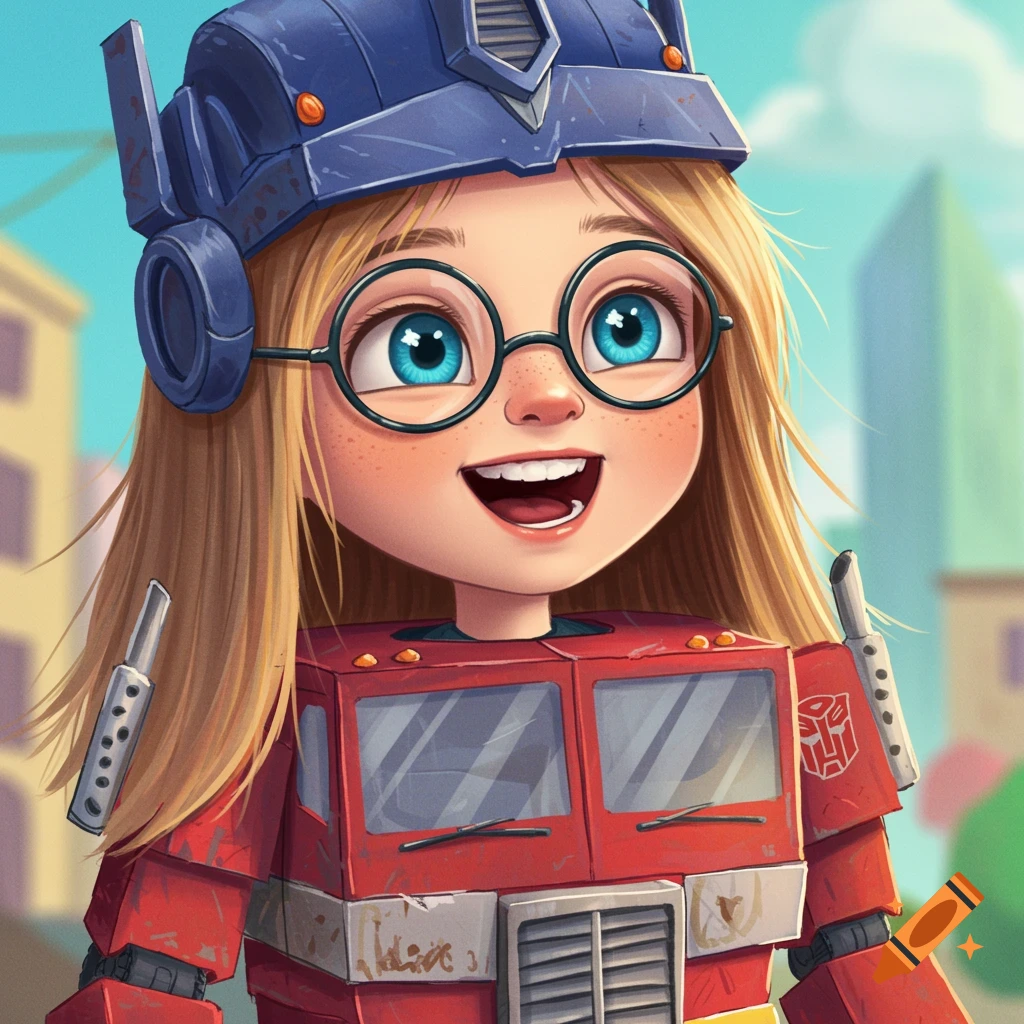Cartoon child in Optimus Prime costume and glasses smiling in cityscape.