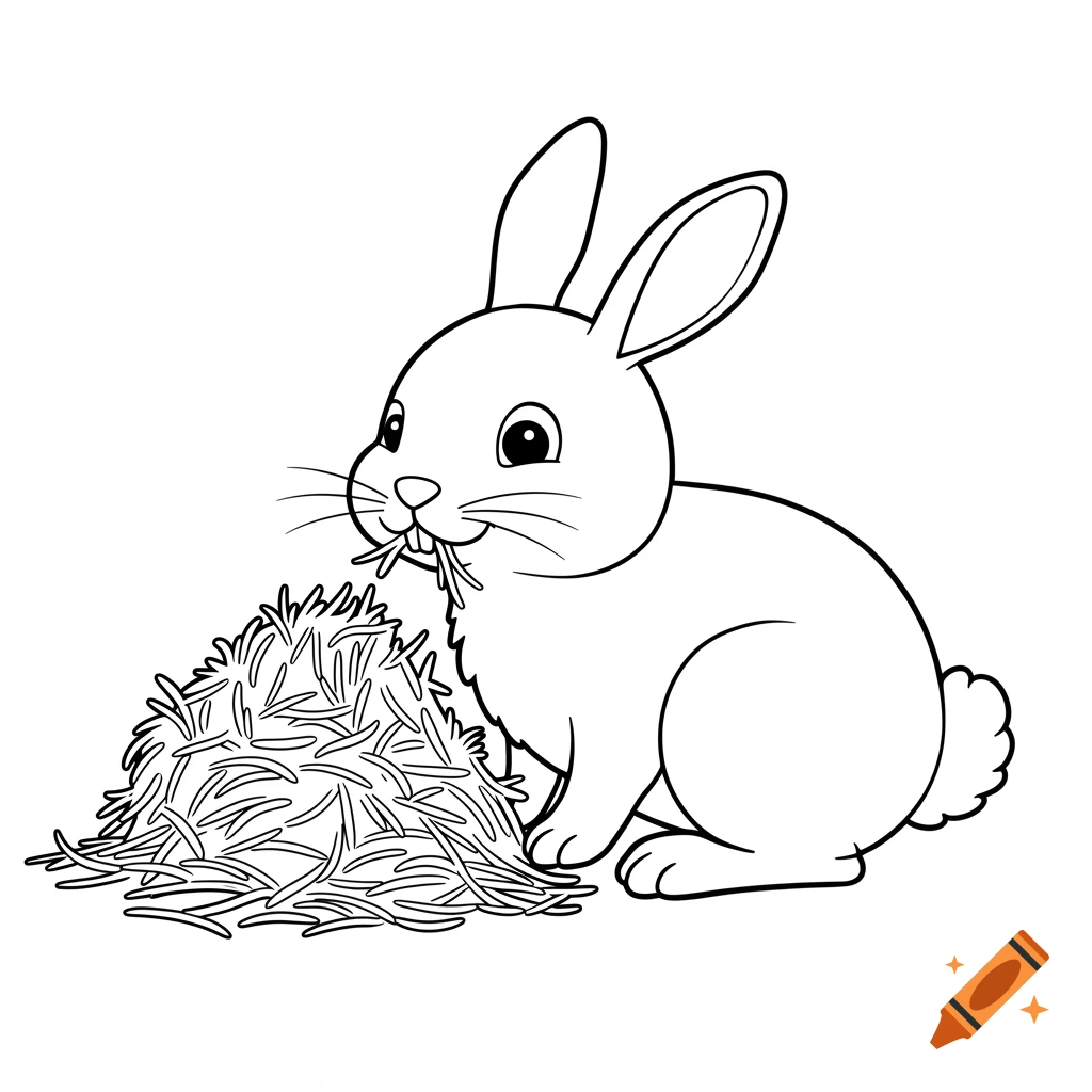A black and white line drawing of a cute bunny eating hay, suitable for coloring.