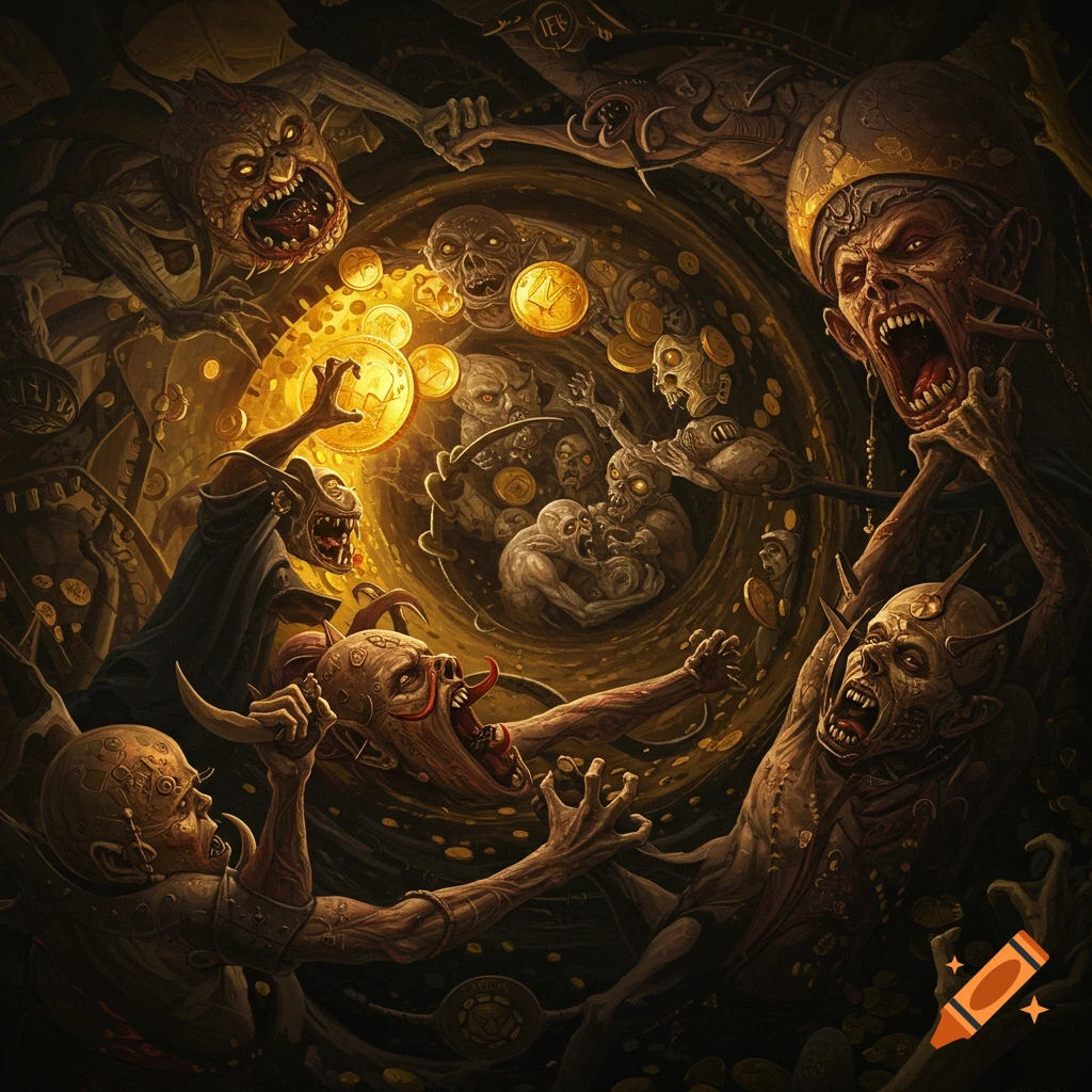 Grotesque monsters fight over gold coins in a dark, swirling composition.