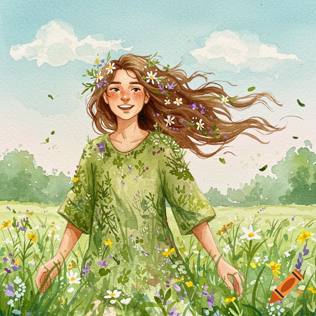 A watercolor illustration of a young woman with flowers in her hair walking through a field of flowers.