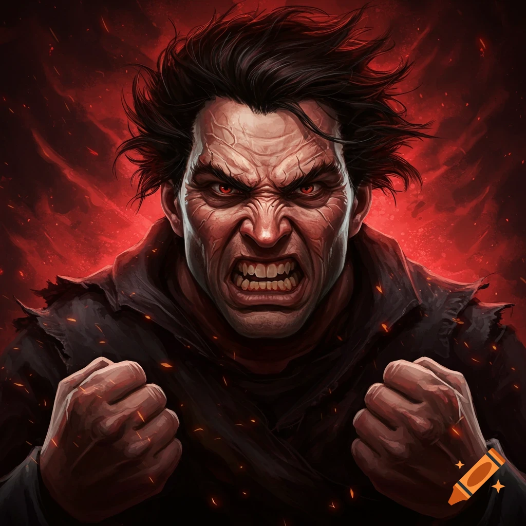 A very angry man with red eyes, clenched fists, on a fiery red background.