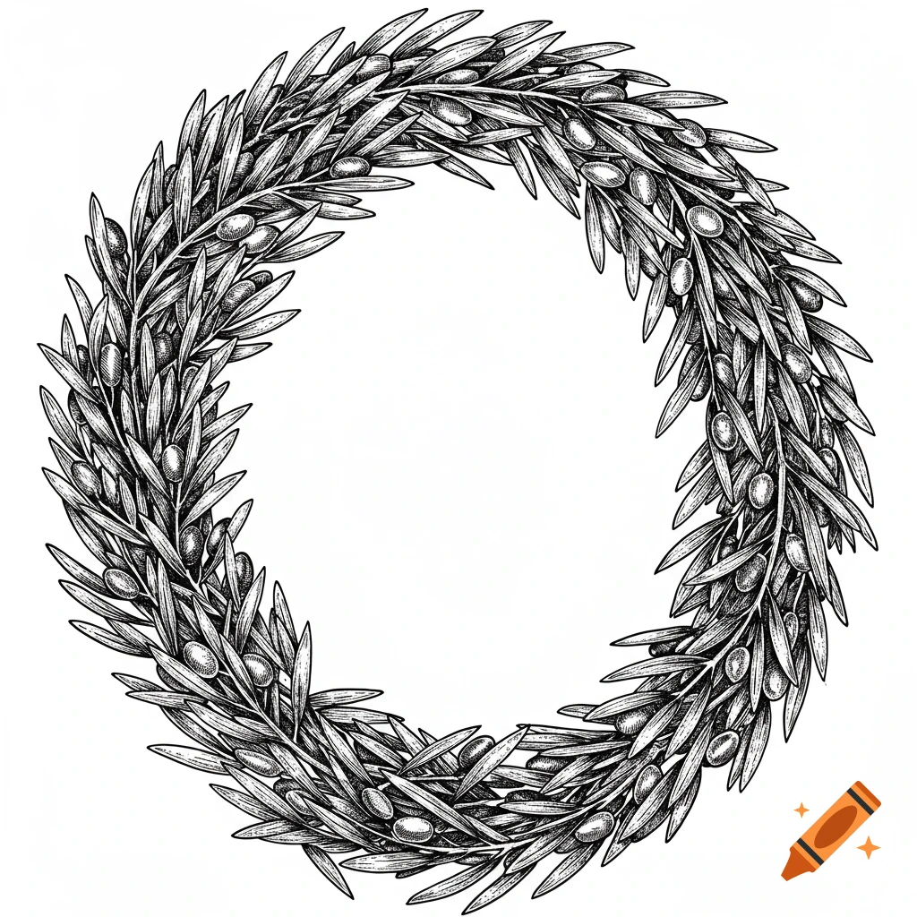 Detailed black and white illustration of an olive branch wreath.