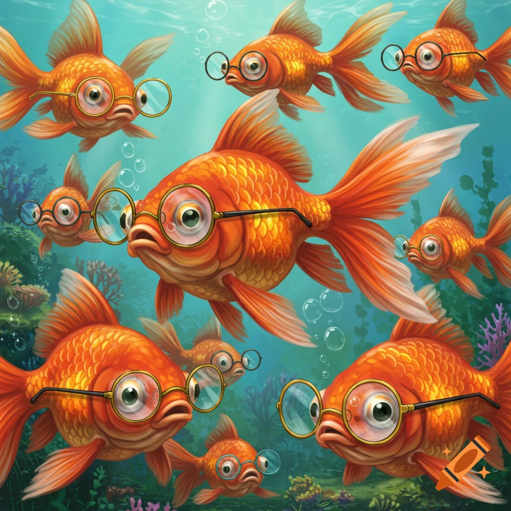 Several goldfish are swimming underwater wearing glasses.