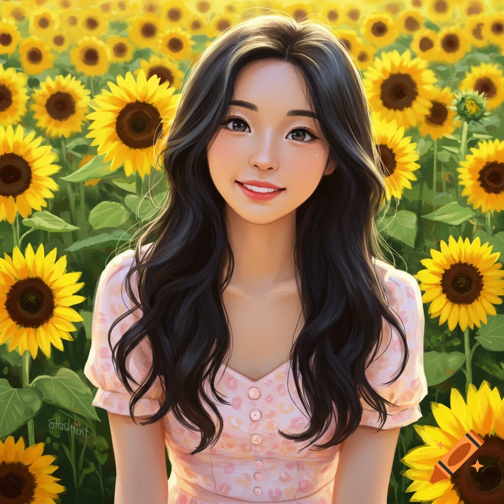 A smiling girl in a field of sunflowers.