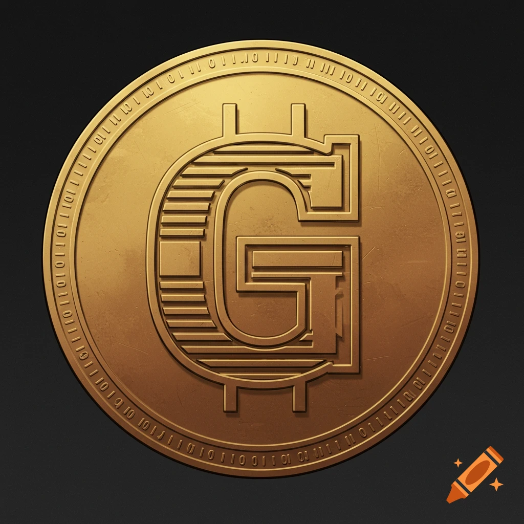 A golden coin with a 'G' logo and binary code around the edge.