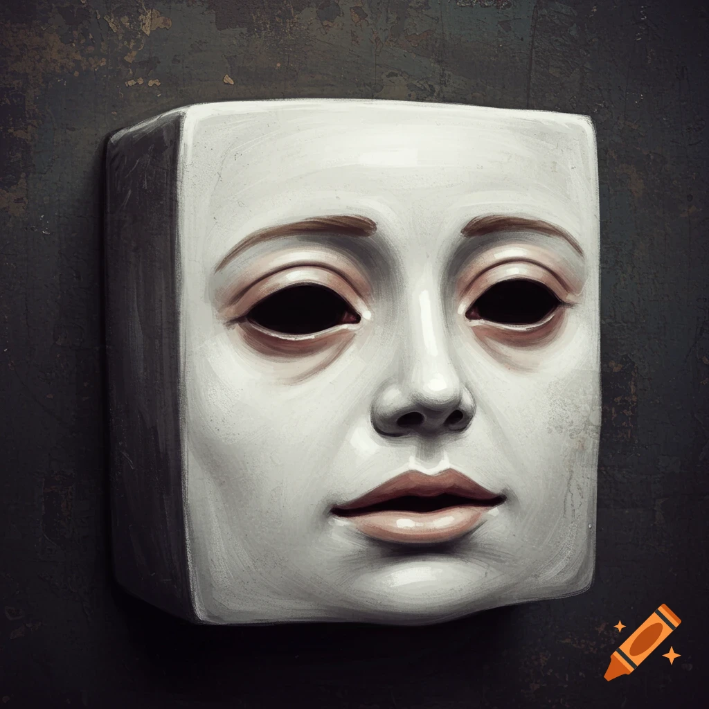 A white square mask with dark, empty eyes on a dark background.