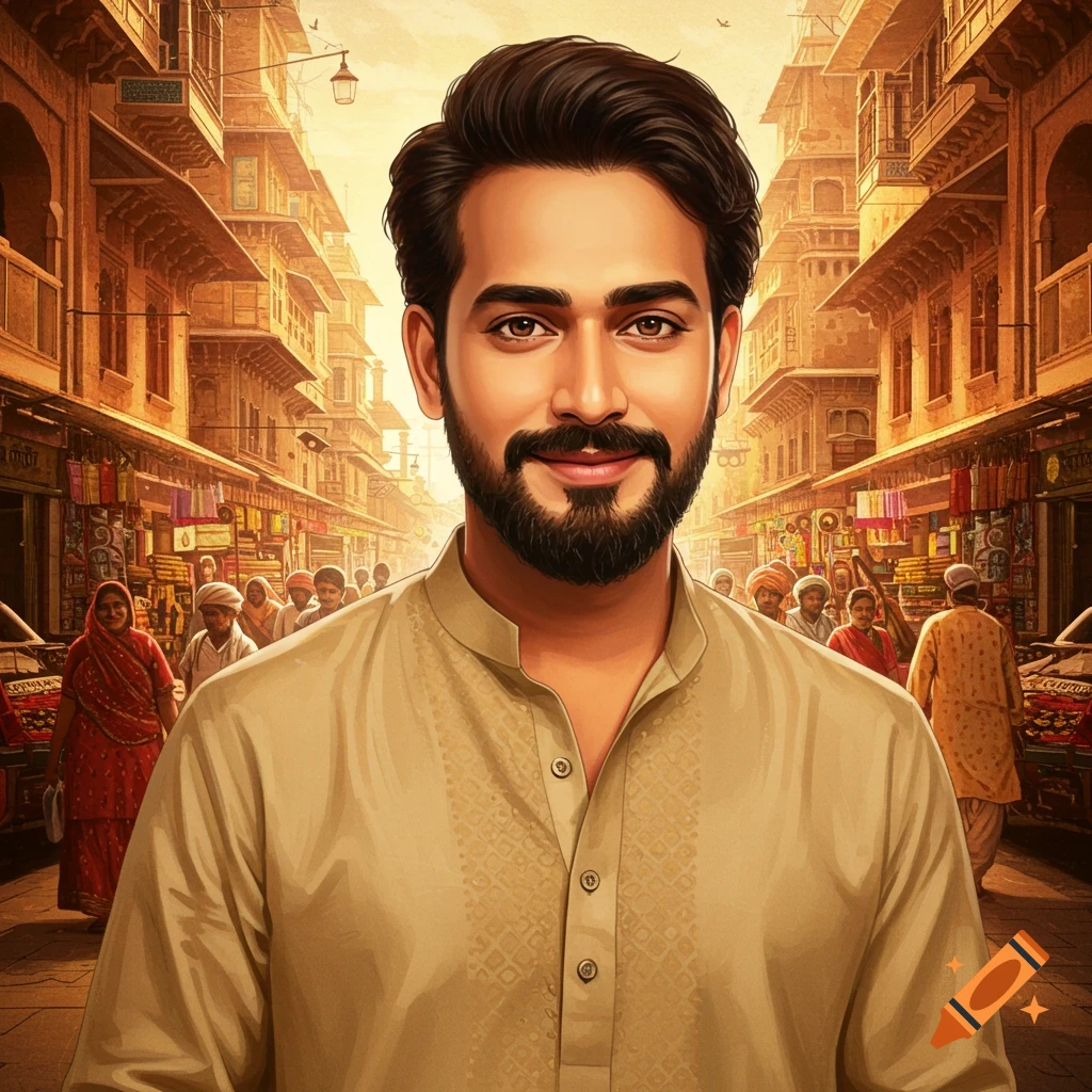 An Indian man is smiling in a busy marketplace.