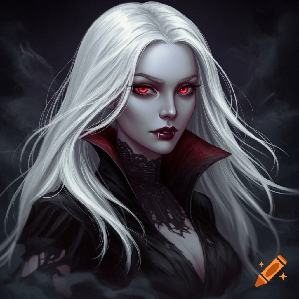 Portrait of a female vampire with white hair and red eyes
