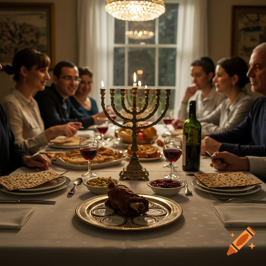 Photorealistic image of a family gathered around a table celebrating Passover with a lit menorah, Seder plate, and food.