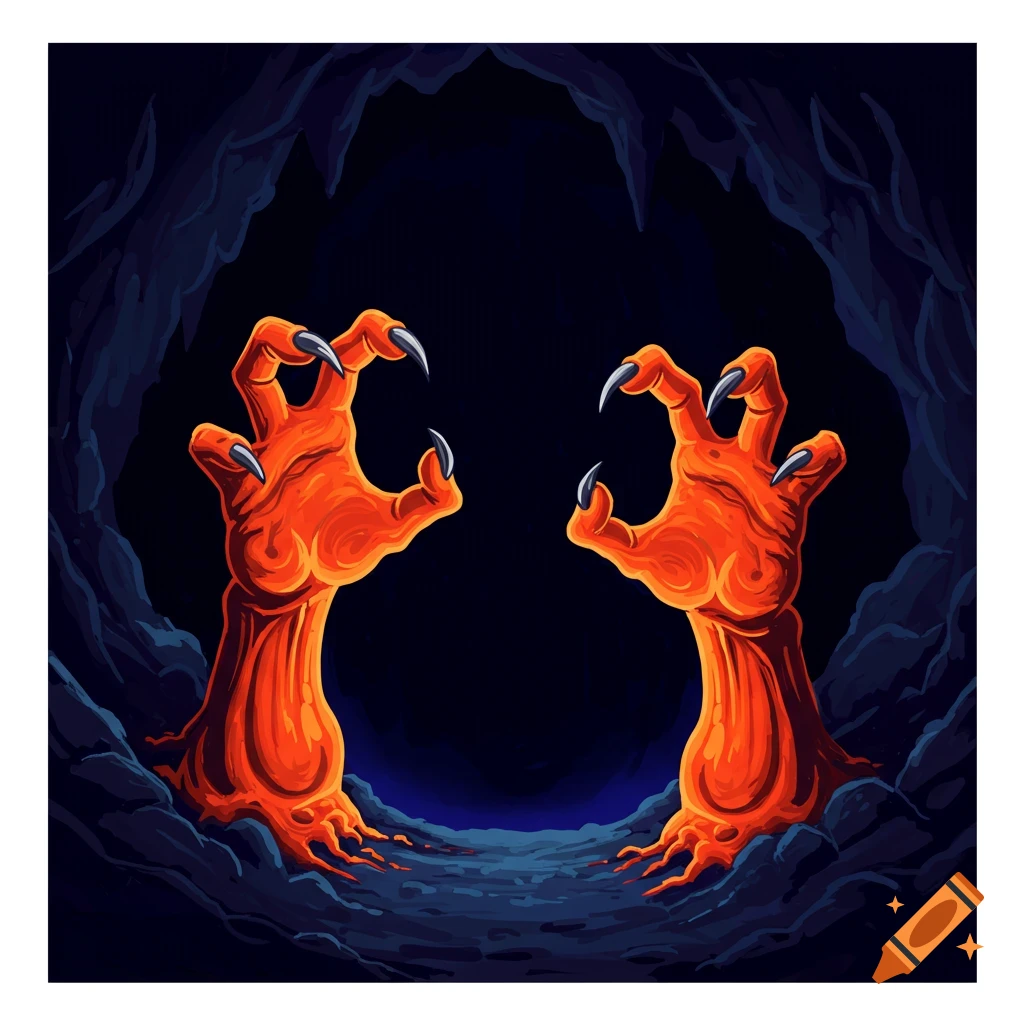 Orange monster hands with sharp claws emerge from a dark cave entrance in an illustration.
