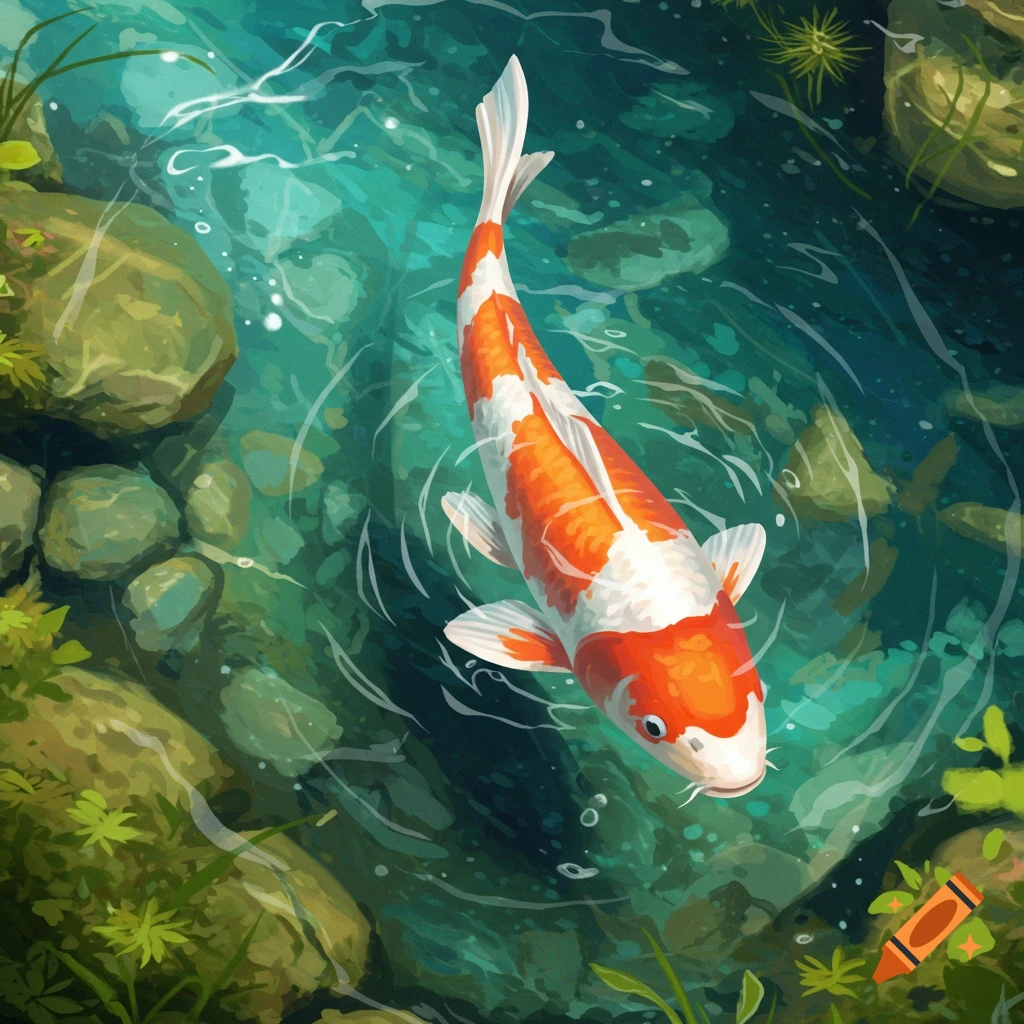 An orange and white koi fish swims in clear water.