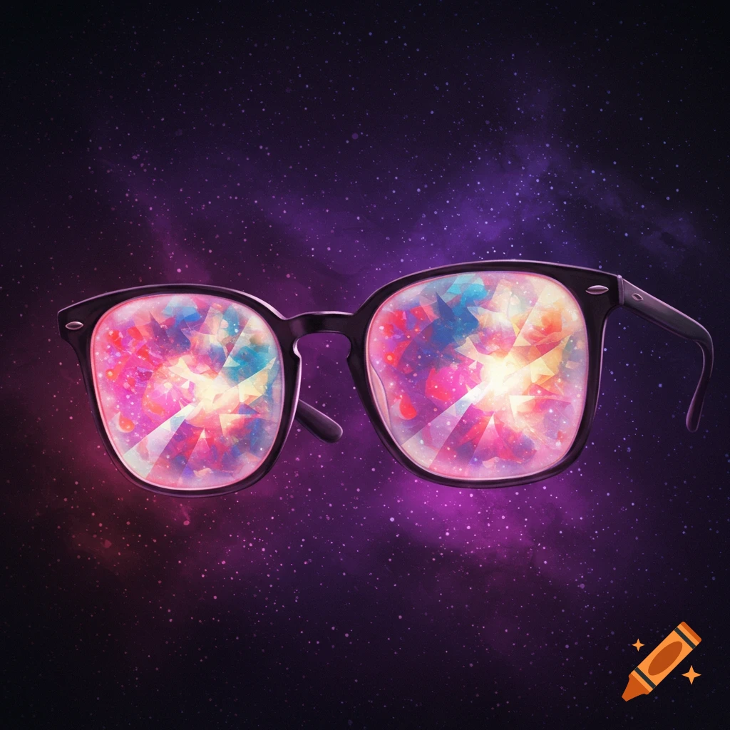 Pair of glasses floating in space with colorful light refracting through the lenses. Digital art.