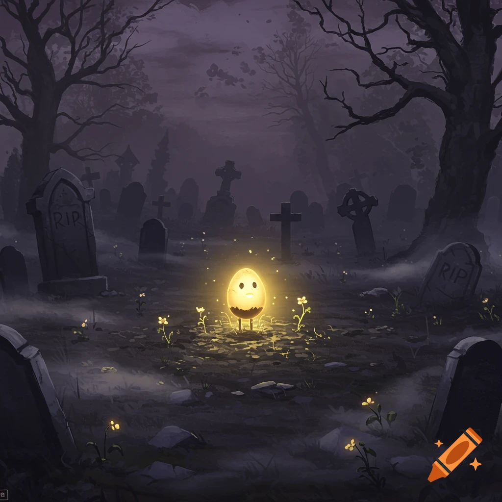 A glowing yellow egg creature stands in a dark, foggy graveyard at night amidst tombstones and small flowers.