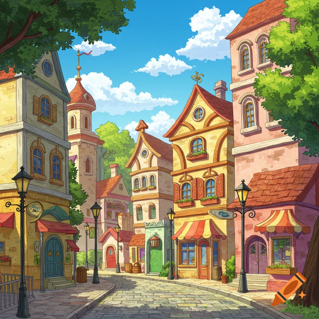 A colorful street scene in a cartoon town with charming buildings and cobblestones.
