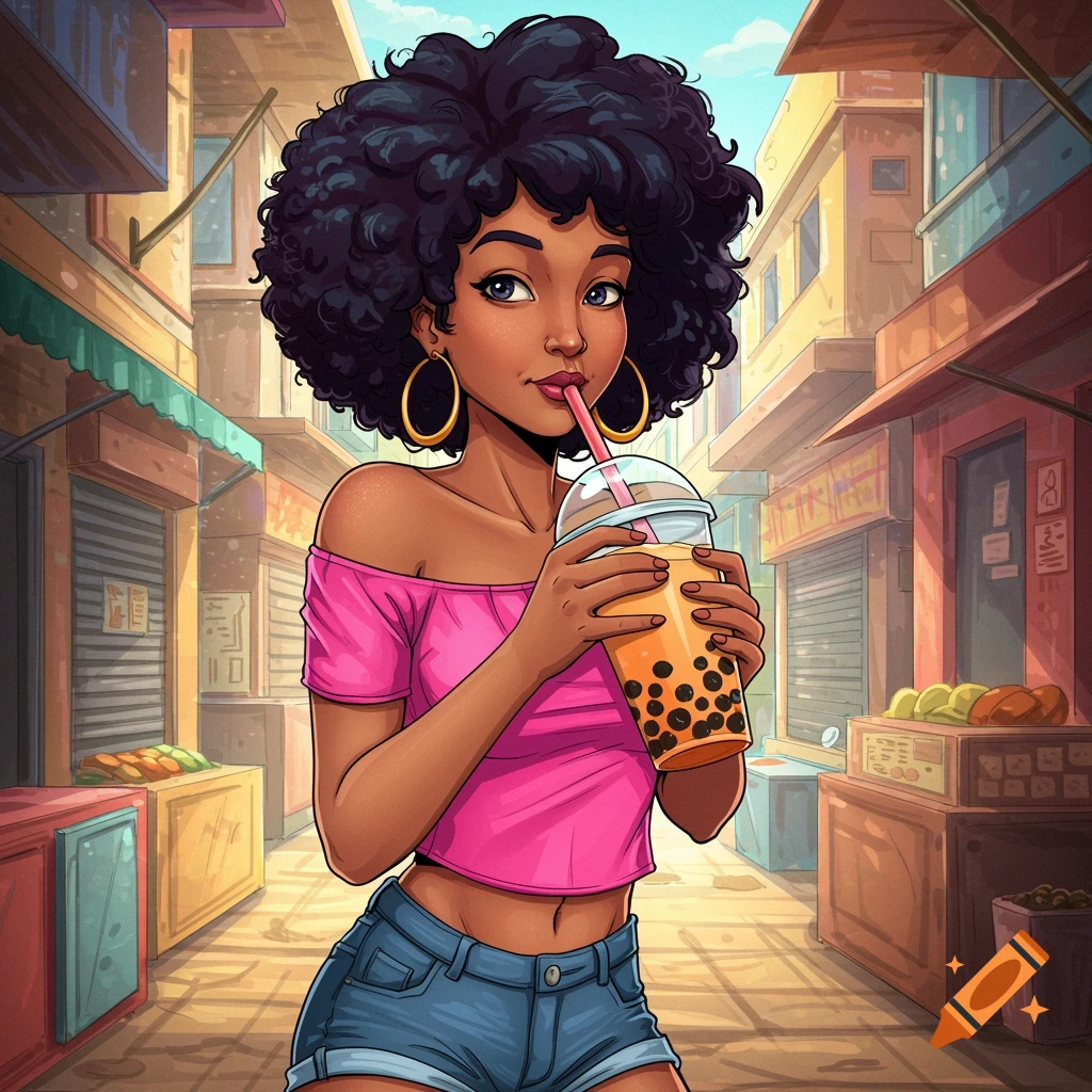 Cartoon of a young woman drinking boba on a street.