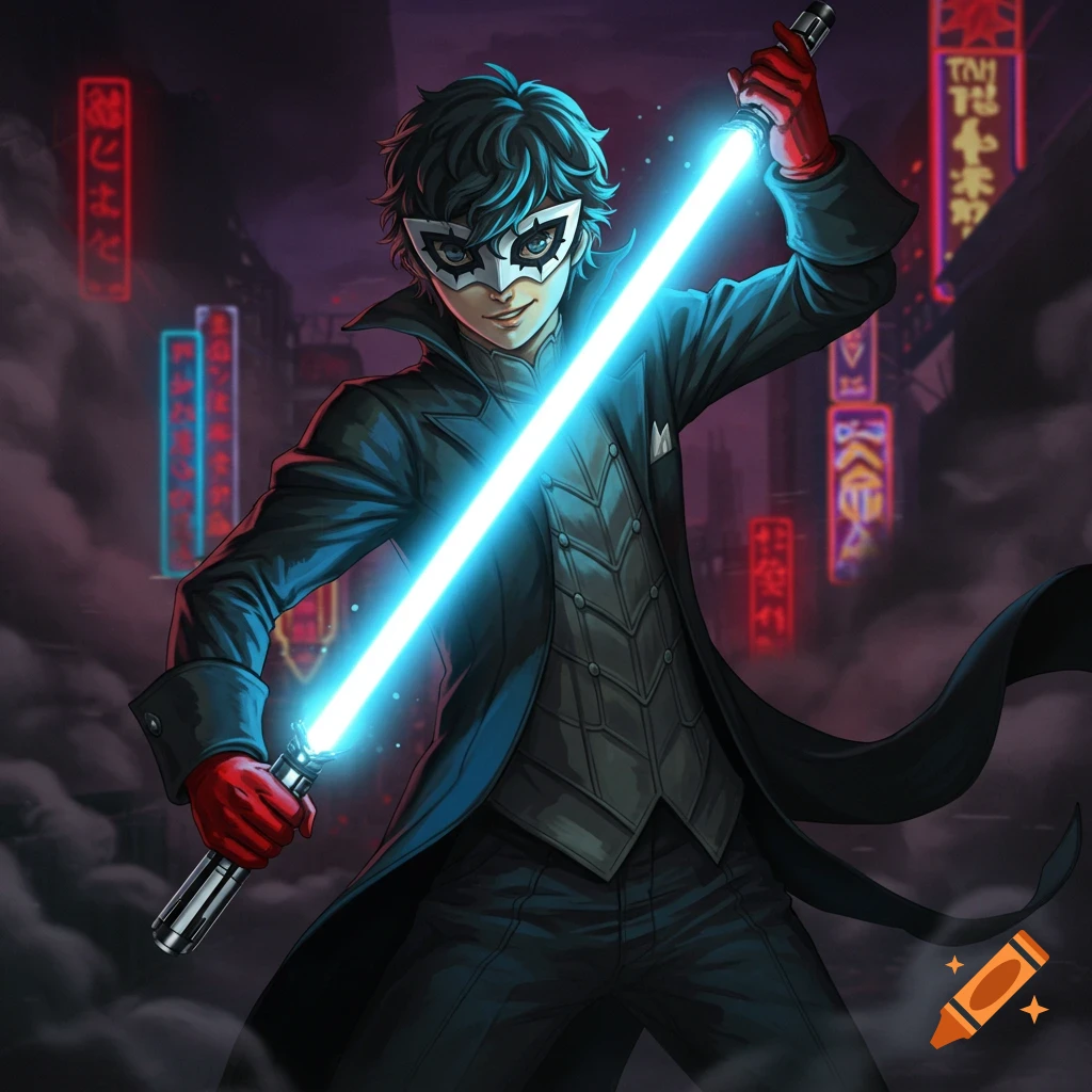 Joker from Persona 5 holding a blue lightsaber like a samurai in a city at night.